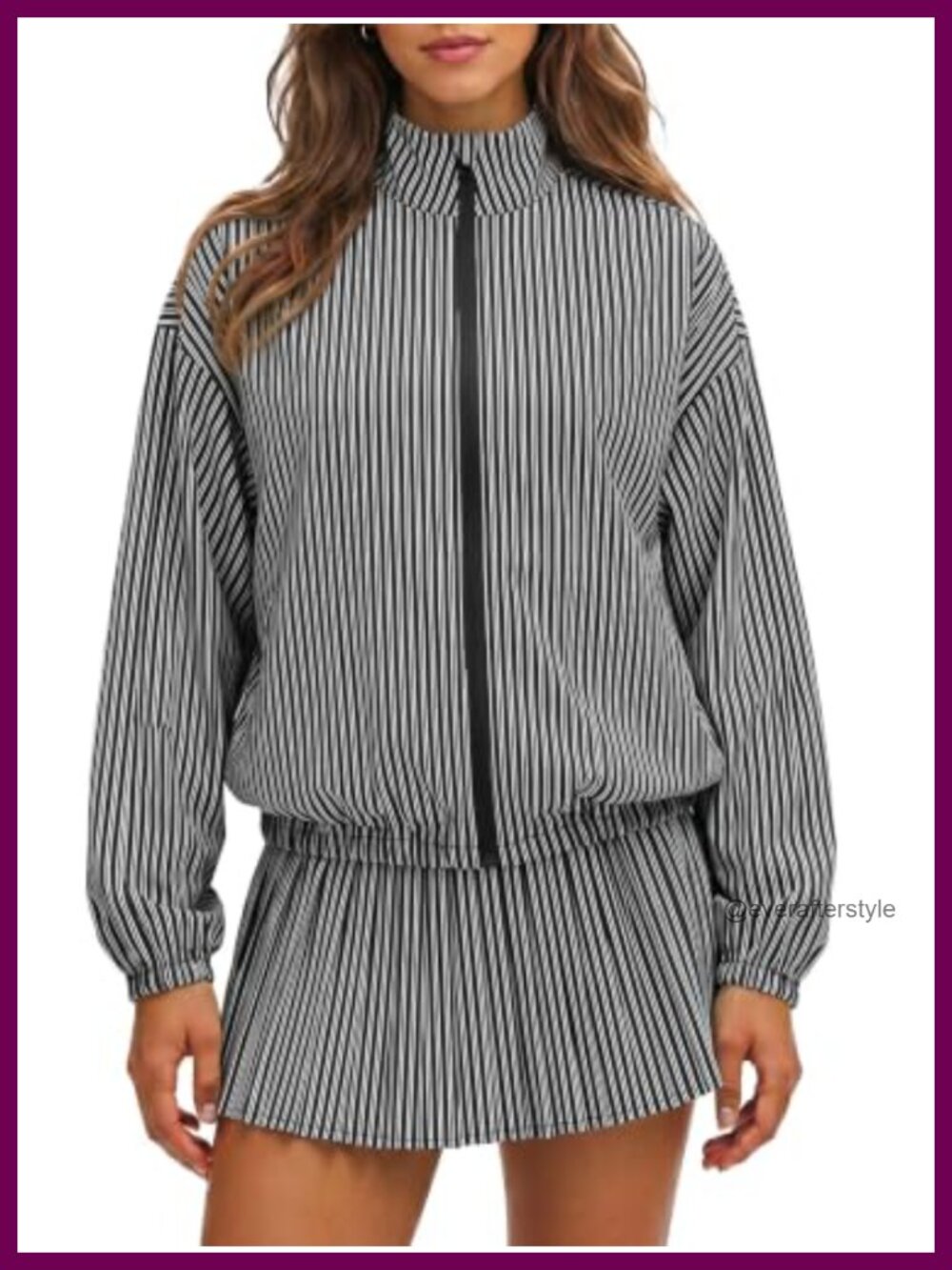 Fisoew Women's Striped 2 Piece Tracksuit Zip Jacket Pleated Skirt Set